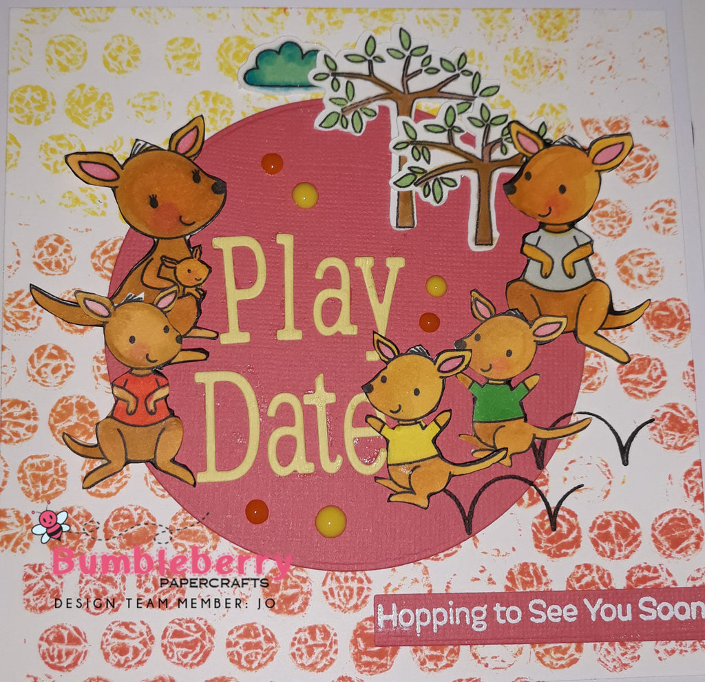 The Kangaroo Gang Are here to play, using bubble wrap back ground. Also Bonus Card using the Latest Release from Waffle Flower