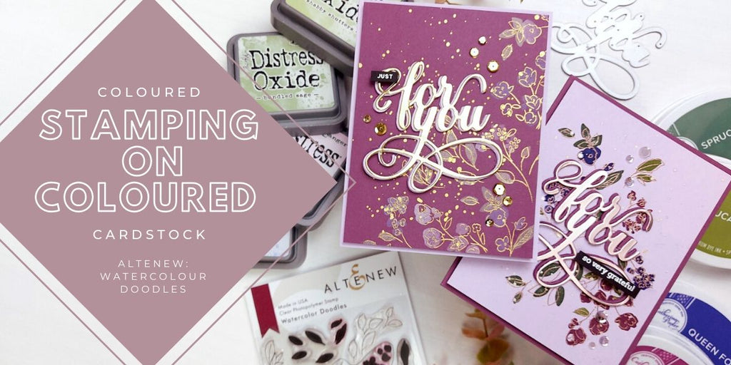 Coloured stamping on coloured cardstock - Altenew Watercolored Doodles
