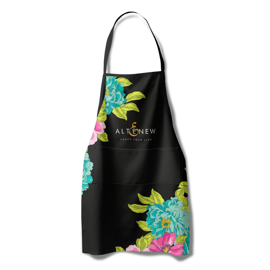 Artsy Apron: Pink & Aqua Billowing Peonies - Black