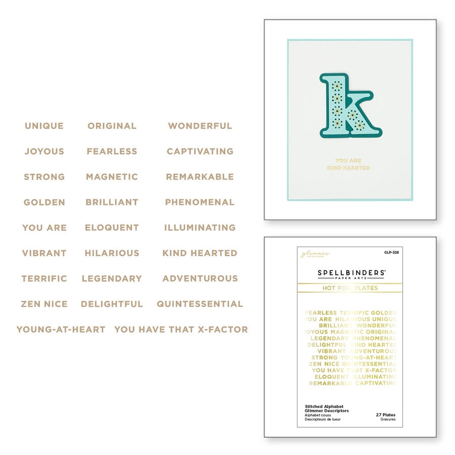 Stitched Alphabet Glimmer Descriptors Hot Foil Plates from the Stitched Alphabet Collection